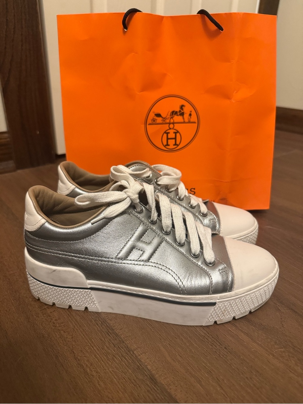 Hermes Silver and White Leather Platform Sneakers - Picture 1 of 8